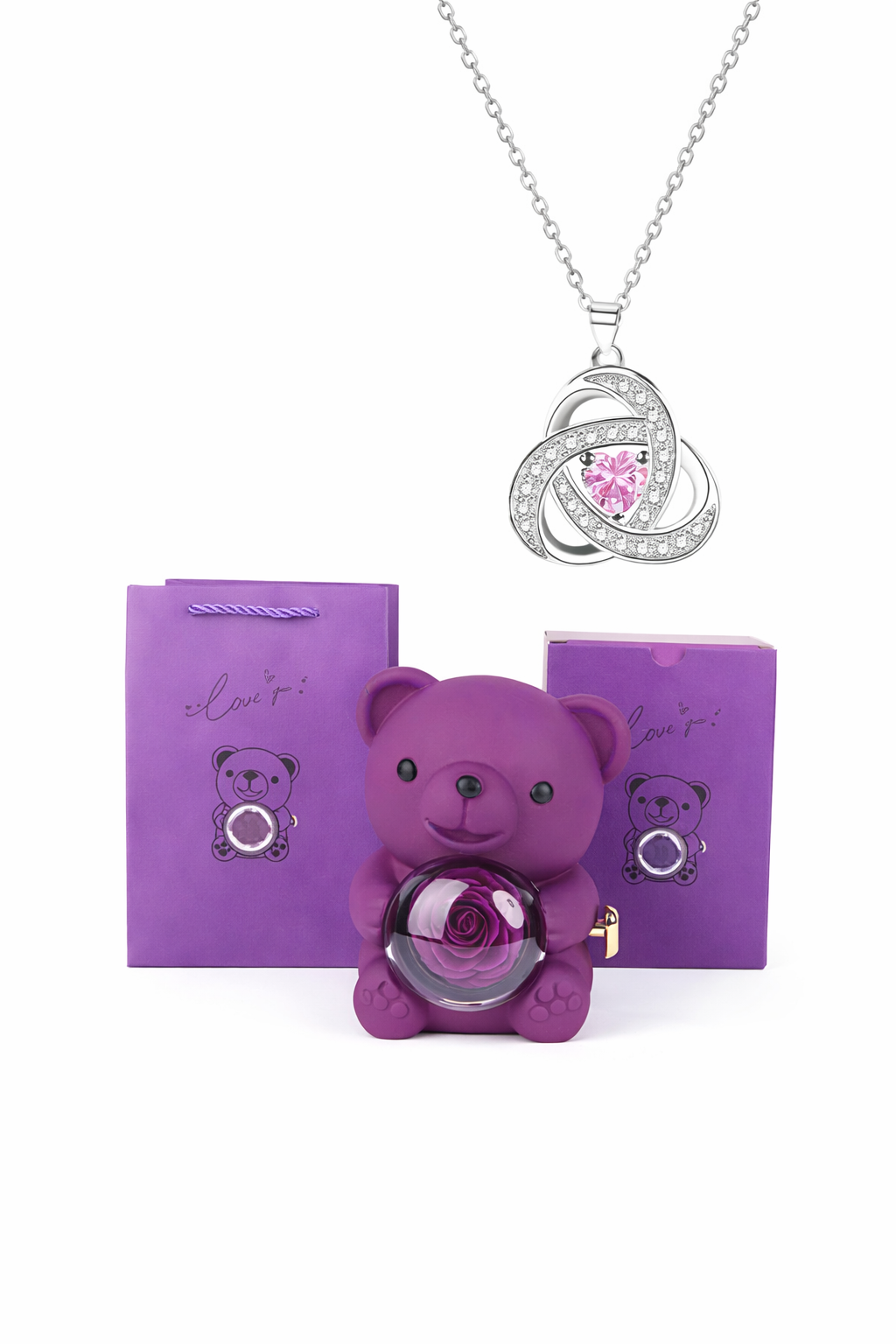 Ours Romantique avec Rose Éternelle & Bijou – Cadeau Inoubliable
