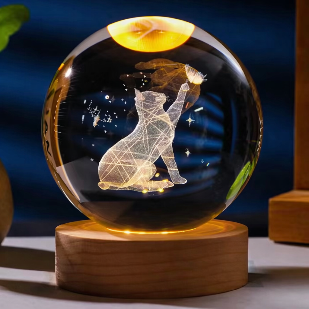 Lampe Cristal 3D Galaxie – Lampe LED Décorative avec Socle en Bois