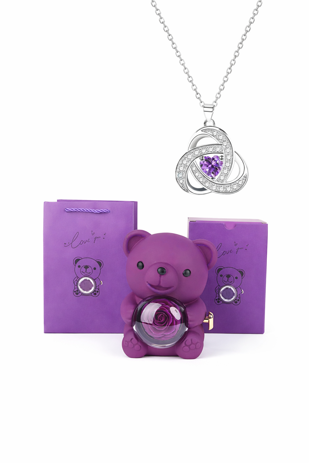 Ours Romantique avec Rose Éternelle & Bijou – Cadeau Inoubliable