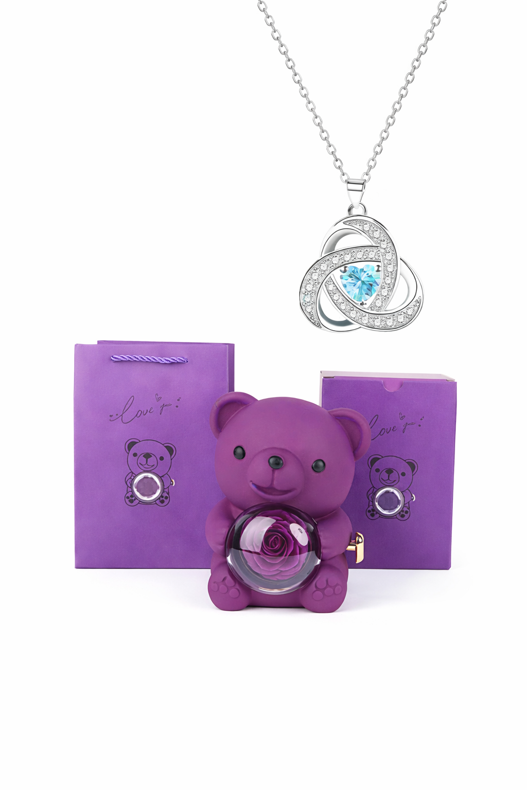 Ours Romantique avec Rose Éternelle & Bijou – Cadeau Inoubliable