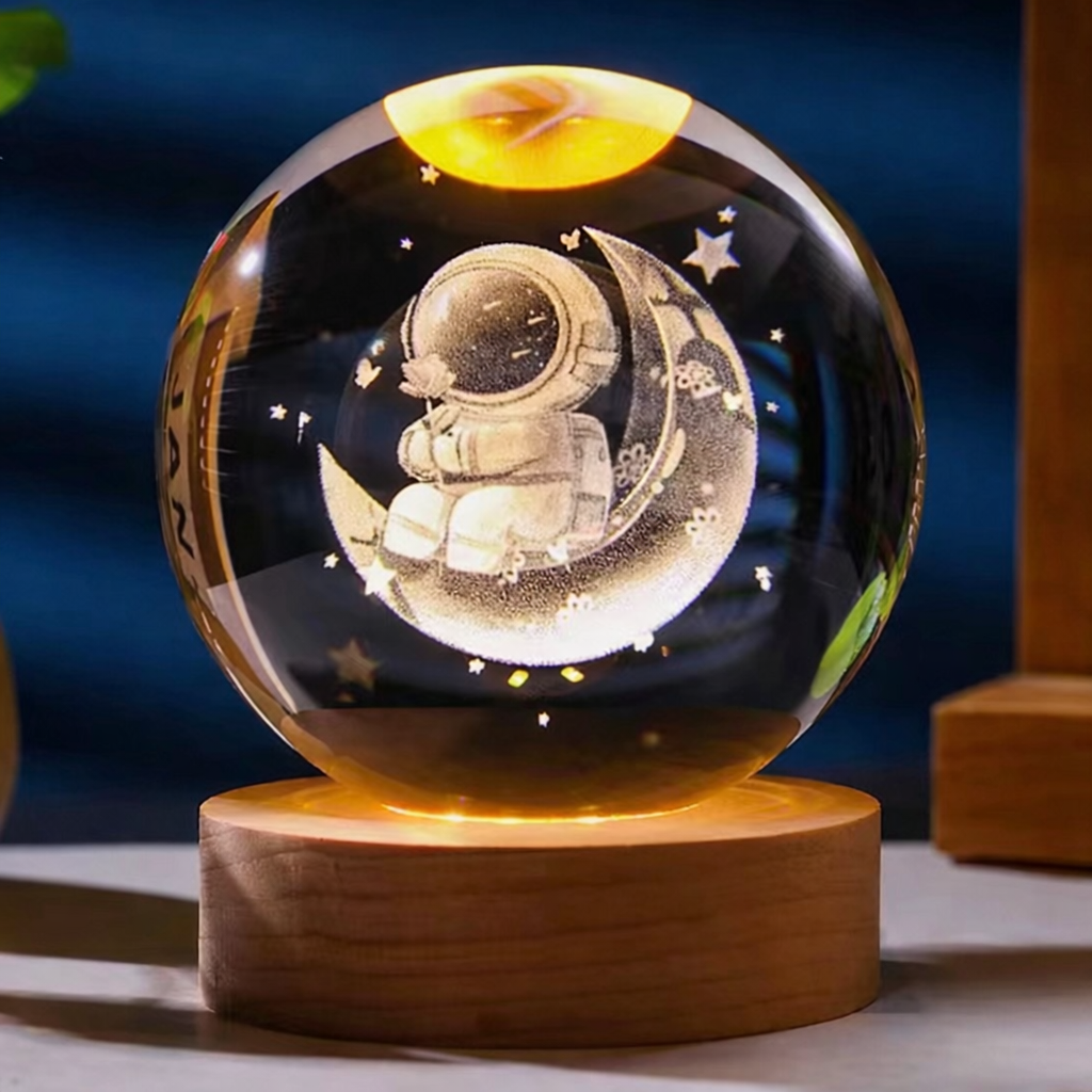 Lampe Cristal 3D Galaxie – Lampe LED Décorative avec Socle en Bois