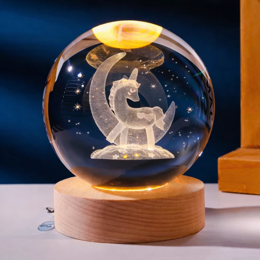 Lampe Cristal 3D Galaxie – Lampe LED Décorative avec Socle en Bois
