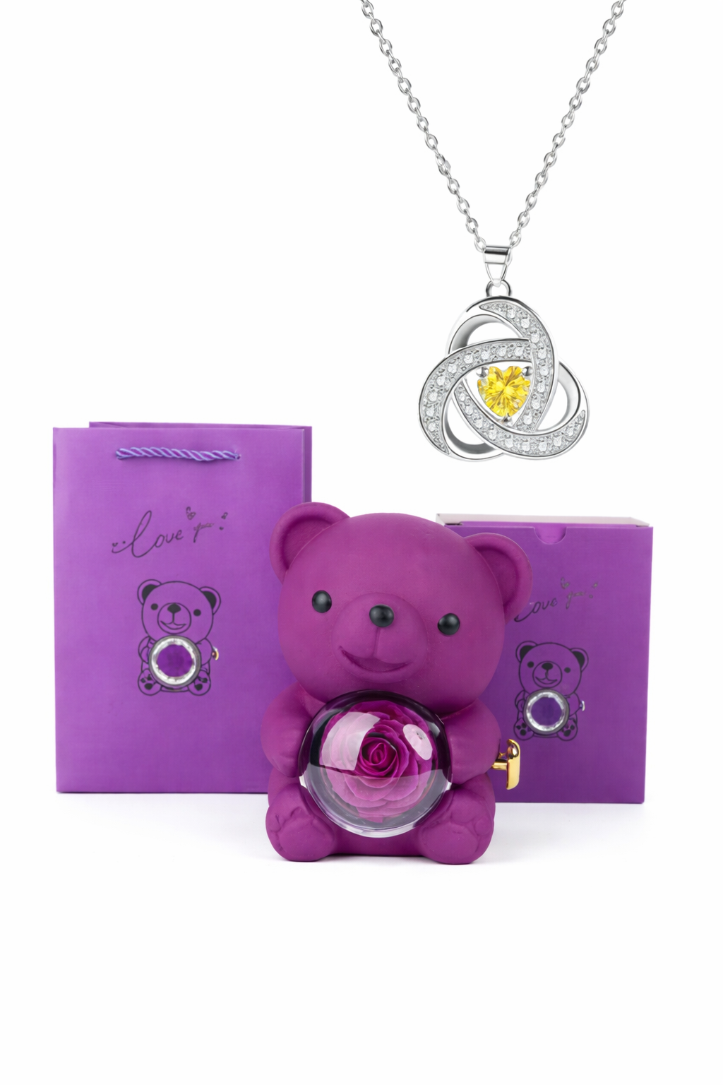 Ours Romantique avec Rose Éternelle & Bijou – Cadeau Inoubliable