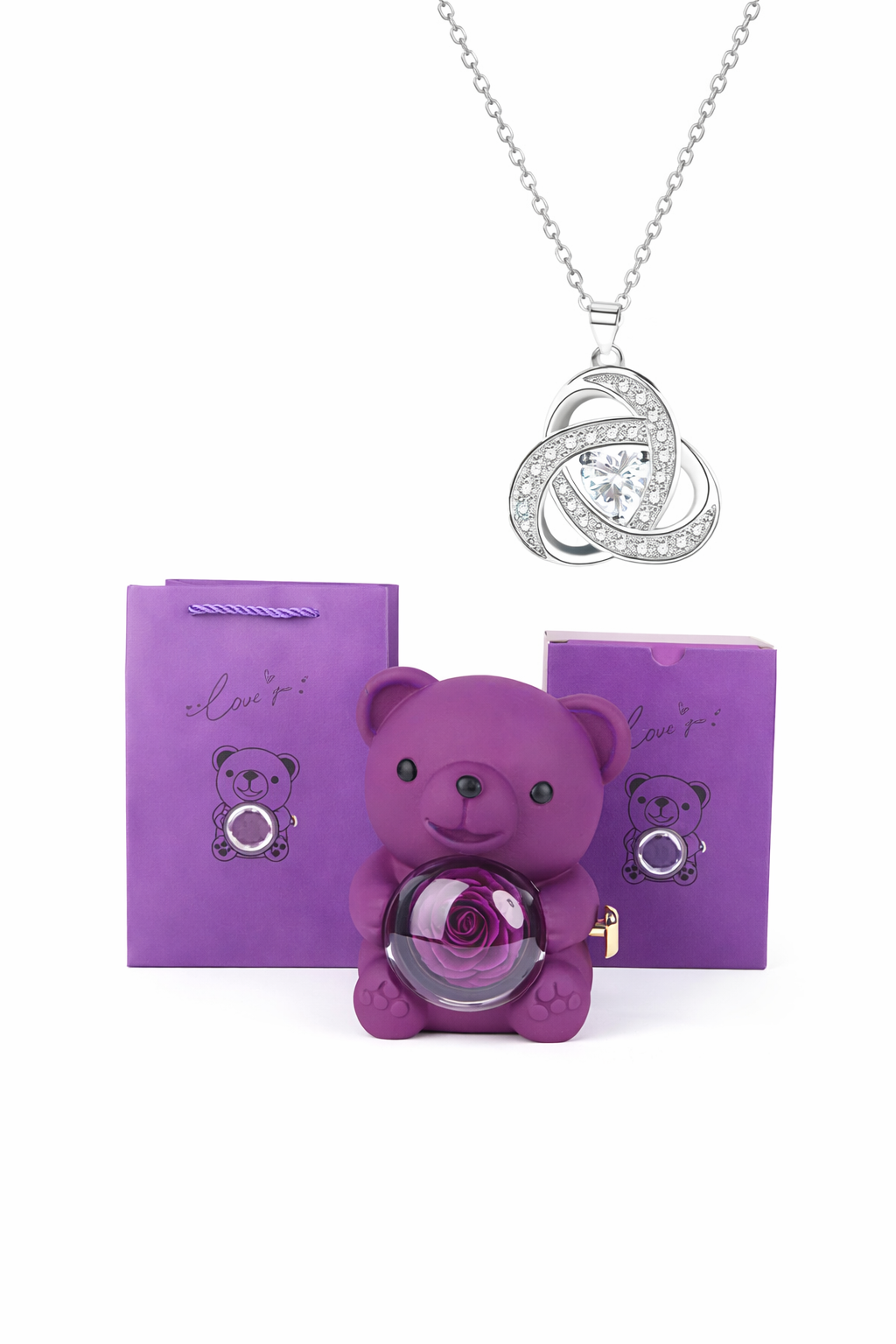 Ours Romantique avec Rose Éternelle & Bijou – Cadeau Inoubliable