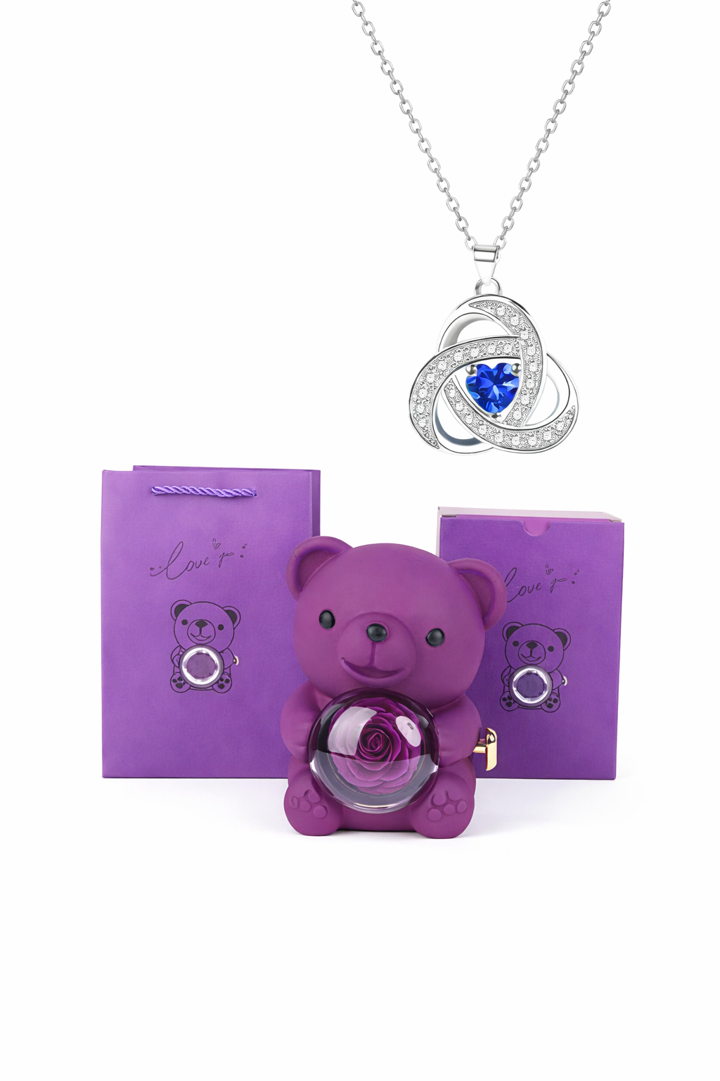 Ours Romantique avec Rose Éternelle & Bijou – Cadeau Inoubliable